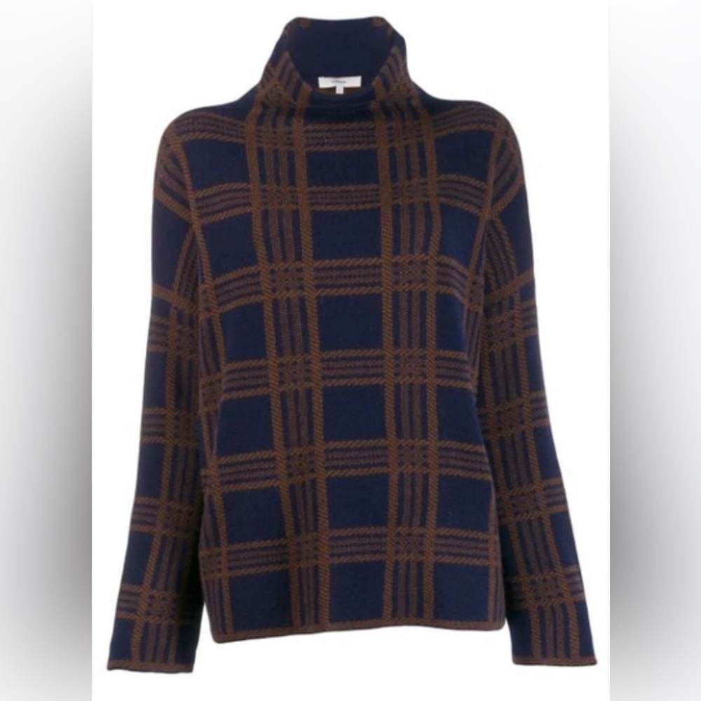 Vince Tartan Plaid Long-sleeve Wool/cashmere Turtleneck Sweater In Marine/ Umbra